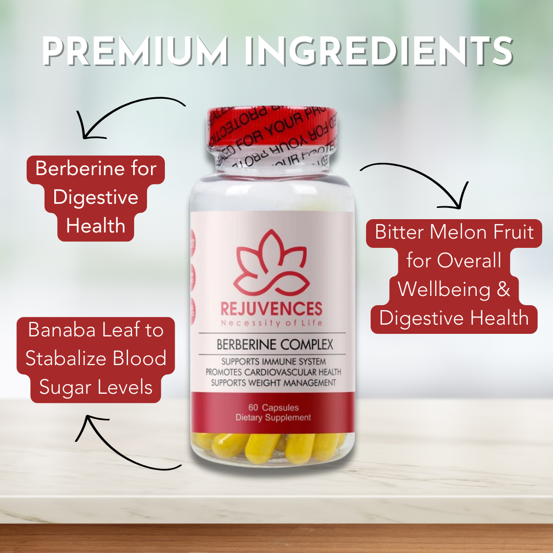 Rejuvences Berberine 500 mg Capsules with Bitter Melon and Banaba Leaf for Heart Health, Weight Management, and Immune Support (60 Capsules)