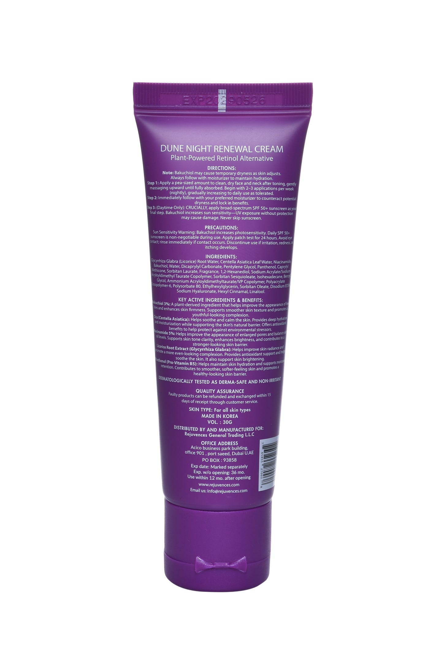Rejuvences Dune Night Renewal Cream – 3% Bakuchiol & 5% Niacinamide for Anti-Aging & Hyperpigmentation – Korean Dermatologist-Tested, Derma-Safe, Non-Irritant Night Cream with Licorice & Panthenol, 30g