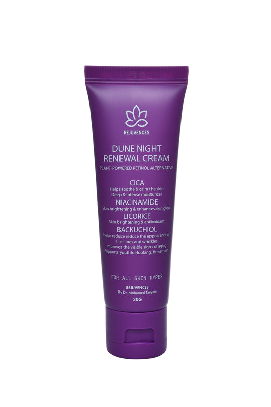 Rejuvences Dune Night Renewal Cream – 3% Bakuchiol & 5% Niacinamide for Anti-Aging & Hyperpigmentation – Korean Dermatologist-Tested, Derma-Safe, Non-Irritant Night Cream with Licorice & Panthenol, 30g