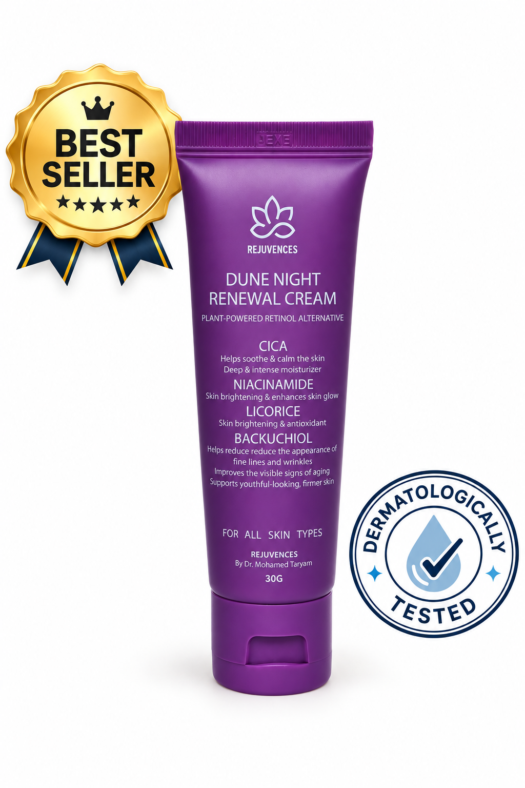 Rejuvences Dune Night Renewal Cream – 3% Bakuchiol & 5% Niacinamide for Anti-Aging & Hyperpigmentation – Korean Dermatologist-Tested, Derma-Safe, Non-Irritant Night Cream with Licorice & Panthenol, 30g