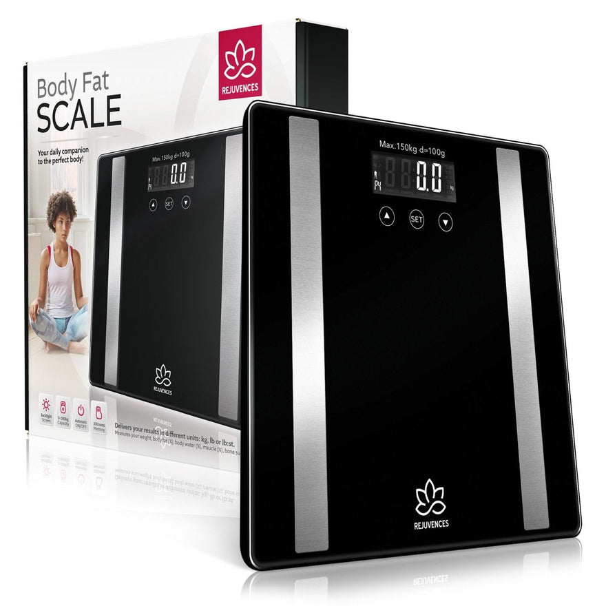 Rejuvences Digital Scale for Body Weight, Body Fat, Body Water, Muscle Mass, Bone Mass, and BMR - Smart Body Composition Scale with Auto ON/OFF, 3-180kg Weight Capacity, & 10-User Programmable Memory